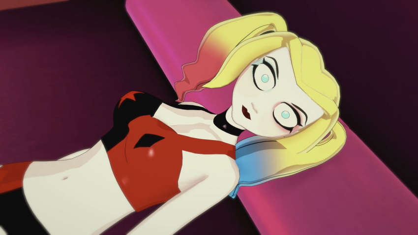 16:9 1girl anime before_sex belly belly_button black_lipstick blonde blonde_hair closed_mouth clothed female_focus harley_quinn hentai looking_at_viewer multicolored_hair open_eyes pale-skinned_female pale_skin shoulders solo_female