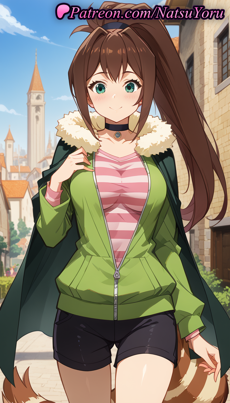1girl 1girl 1girls 2025 ai ai_generated anime anime_style aqua_eyes bangs big_breasts big_breasts black_choker black_shorts blue_sky blush breasts brown_hair building bust cape choker closed_mouth collarbone cowboy_shot day female_focus female_only fur-trimmed_cape fur_trim green_cape green_eyes green_jacket hair_intakes hand_on_own_chest hand_up hentai high_ponytail high_quality high_res high_res high_resolution jacket jewelry kono_subarashii_sekai_ni_shukufuku_wo! long_hair long_sleeves looking_at_viewer natsuyoru open_clothes open_jacket outside partially_unzipped patreon pink_shirt ponytail raccoon_tail rin_(konosuba) shirt short_shorts shorts sky smile solo_female stable_diffusion standing striped striped_clothes striped_shirt tail thigh_gap tshirt voluptuous voluptuous_female zipper zipper_pull_tab