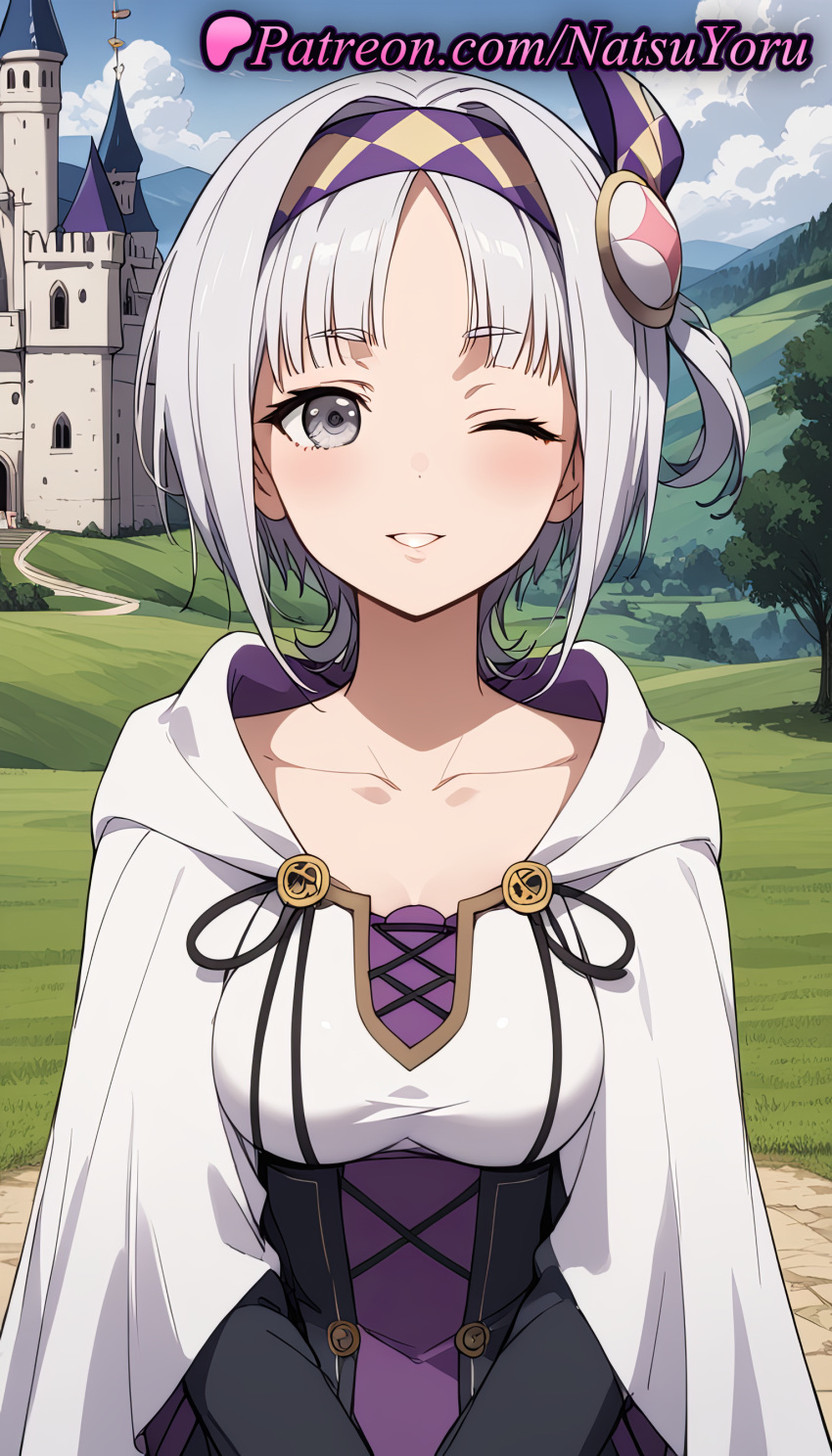 1girl 1girl 1girls 2025 ai ai_generated anime anime_style bangs big_breasts blue_sky blush breasts bust cape castle cleavage cloak cloud collarbone corset day dress female_focus female_only grass grey_eyes grey_hair hair_ornament hairband hentai high_quality high_res high_res high_resolution hood hood_down hooded_cloak looking_at_viewer medium_breasts multi-colored_hair natsuyoru non-asian one_eye_closed one_side_up outside parted_bangs parted_lips patreon purple_hair purple_hairband s'yne_lokk short_hair side_ponytail silver_hair sky smile solo_female stable_diffusion tate_no_yuusha_no_nariagari the_rising_of_the_shield_hero tree upper_body voluptuous voluptuous_female white_cloak white_hair