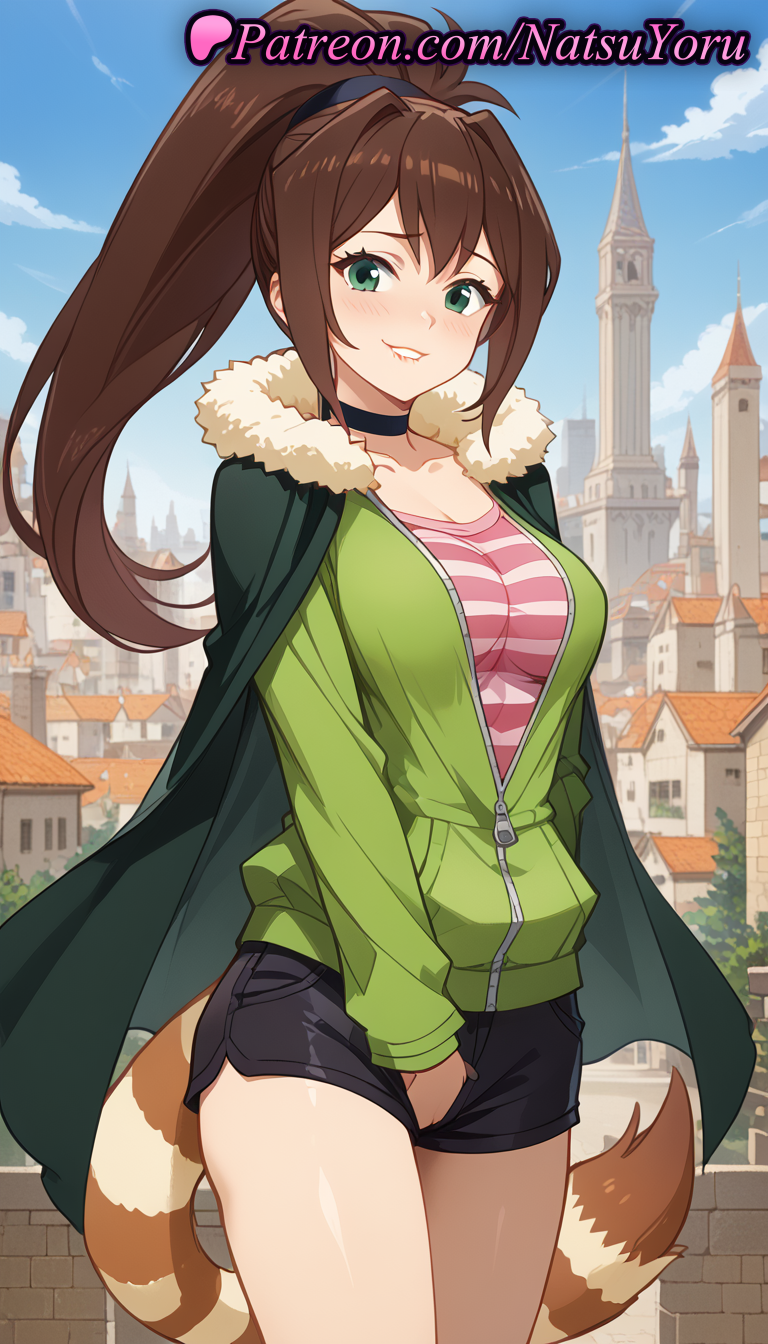 1girl 1girl 1girls 2025 ai ai_generated anime anime_style artist_name bangs big_breasts big_breasts black_choker black_shorts blue_sky blush breasts brown_hair building bust cape choker cleavage collarbone cowboy_shot day female_focus female_only fur fur-trimmed_cape fur_trim green_cape green_eyes green_jacket grin hair_intakes hentai high_ponytail high_quality high_res high_res high_resolution jacket kono_subarashii_sekai_ni_shukufuku_wo! long_hair long_sleeves looking_at_viewer medium_breasts natsuyoru outside parted_lips partially_unzipped patreon pink_shirt ponytail raccoon_tail rin_(konosuba) shirt short_shorts shorts sky smile solo_female stable_diffusion standing striped striped_clothes striped_shirt striped_tail tail thighs voluptuous voluptuous_female zipper zipper_pull_tab