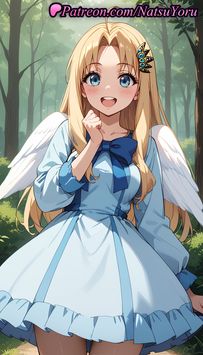 2025 ahoge ai_generated angel_wings anime anime_style bangs big_breasts bird_wings blonde_hair blue_bow blue_bowtie blue_dress blue_eyes blush bow breasts bush bust collarbone cowboy_shot dress feathered_wings female_focus filo_(tate_no_yuusha_no_nariagari) forehead forest frilled_dress frills hair_intakes hair_ornament hand_up hentai high_quality high_res high_resolution long_hair long_sleeves looking_at_viewer medium_breasts natsuyoru nature open_mouth outside pantyhose parted_bangs patreon puffy_sleeves shirt skirt smile stable_diffusion tate_no_yuusha_no_nariagari teeth the_rising_of_the_shield_hero tree upper_teeth_only voluptuous voluptuous_female white_dress white_wings wings