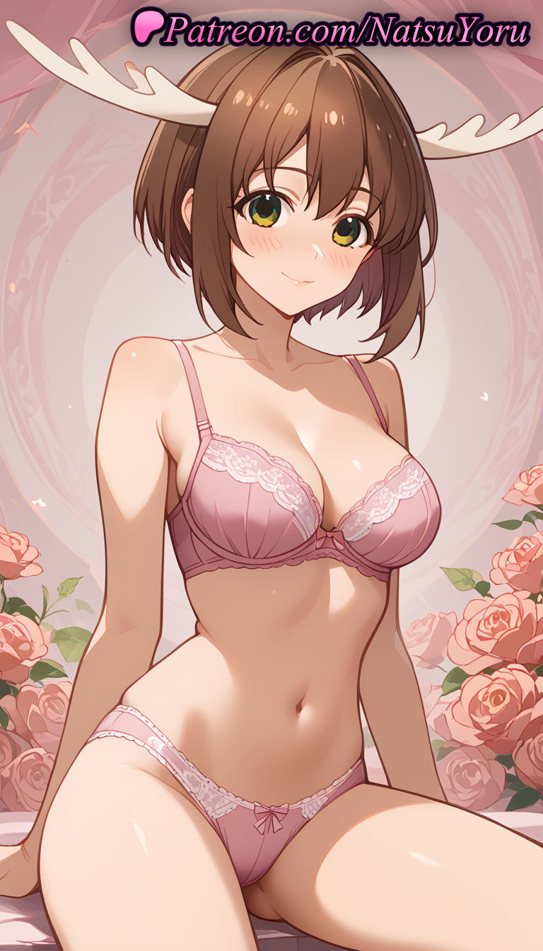 2025 ai_generated animal_ears anime anime_style antlers ass_visible_through_thighs bangs bare_arms bare_shoulders big_breasts blush bow bow_bra bow_panties bra breasts brown_hair bust cleavage closed_mouth clothing collarbone female_focus flower green_eyes hentai high_quality high_res high_resolution horns lace-trimmed_bra lingerie looking_at_viewer medium_breasts more_at_source my_deer_friend_nokotan natsuyoru navel panties patreon pink_bra pink_flower pink_panties pink_rose rose shikanoko_noko shikanoko_nokonoko_koshitantan short_hair sitting smile stable_diffusion stomach thighs underwear underwear_only voluptuous voluptuous_female
