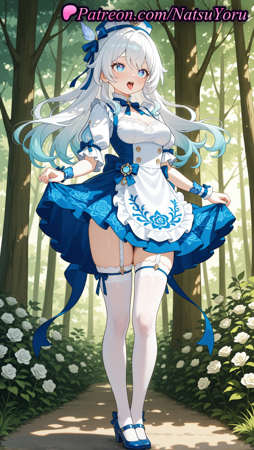 2025 ai_generated anime anime_style apron bangs beret big_breasts blue_bow blue_bowtie blue_dress blue_eyes blue_footwear blue_hair blue_headwear bow bowtie breasts bush bust cleavage clothing colored_tips day dress female_focus floral_print flower flowers footwear forest frilled_apron frilled_dress frills full_body garter_straps gradient_hair hair_between_eyes hat heart heart-shaped_pupils hentai high_heels high_quality high_res high_resolution legwear lifted_by_self long_hair looking_at_viewer maid maid_headdress maid_uniform mary_janes medium_breasts multi-colored_hair multicolored_hair natsuyoru nature oc open_mouth original original_character outside patreon puffy_short_sleeves puffy_sleeves ribbon rose shoes short_sleeves skirt_hold smile stable_diffusion standing stockings symbol-shaped_pupils teeth thighs tongue tongue_out tree two-tone_dress upper_teeth_only voluptuous voluptuous_female waist_apron white_apron white_flower white_hair white_headwear white_legwear white_rose white_thighhighs wrist_cuffs zettai_ryouiki