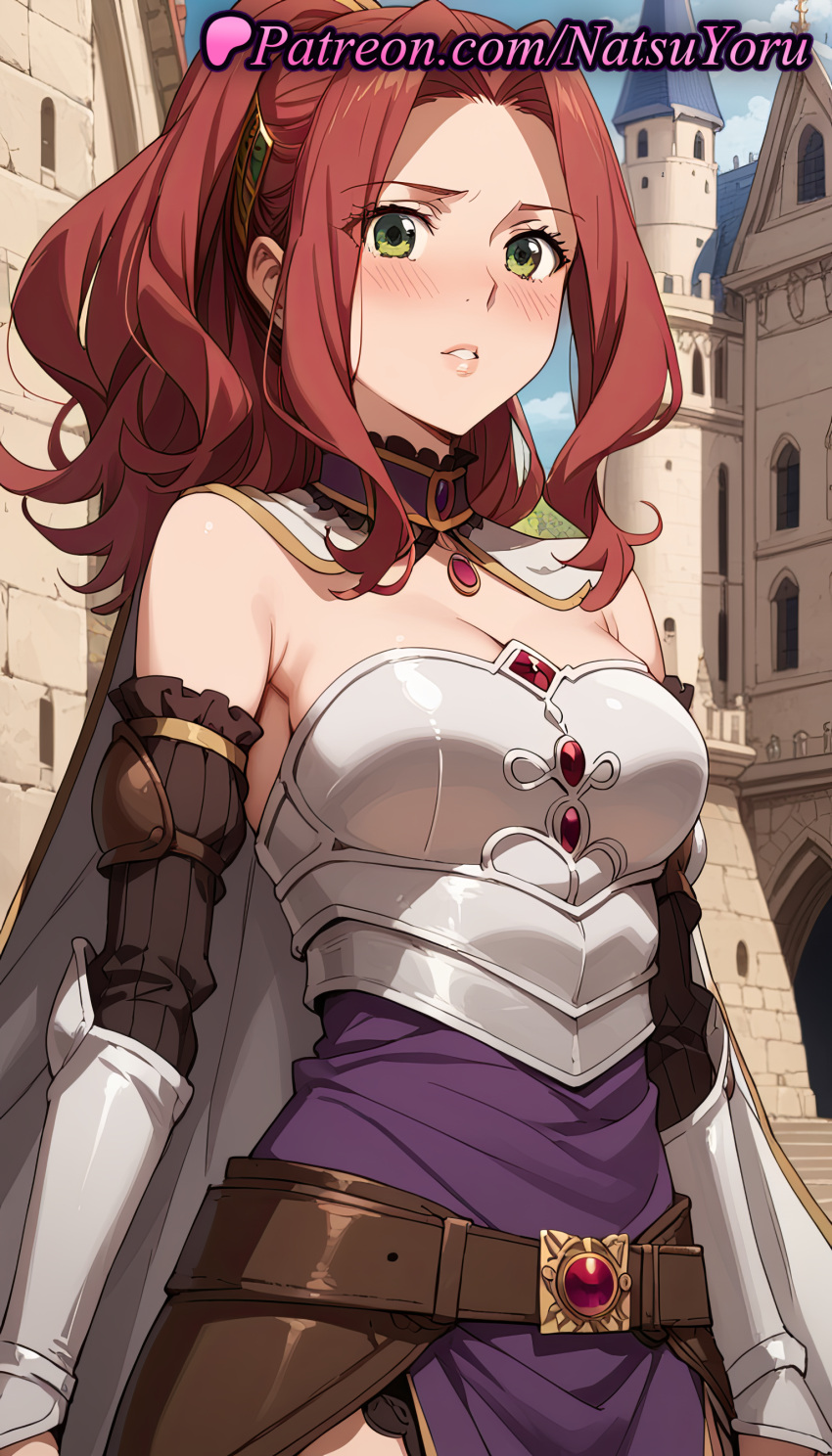 2025 ai_generated anime anime_style armor bare_shoulders belt big_breasts bitch_(shield_hero) blue_sky blush breastplate breasts brown_belt building bust cape castle cleavage cowboy_shot day detached_sleeves dress female_focus gauntlets green_eyes hair_ornament hentai high_quality high_res high_resolution long_hair looking_at_viewer malty_s_melromarc medium_breasts natsuyoru non-asian outside panties parted_bangs parted_lips patreon ponytail purple_dress red_hair skirt sky stable_diffusion tate_no_yuusha_no_nariagari teeth the_rising_of_the_shield_hero voluptuous voluptuous_female white_cape