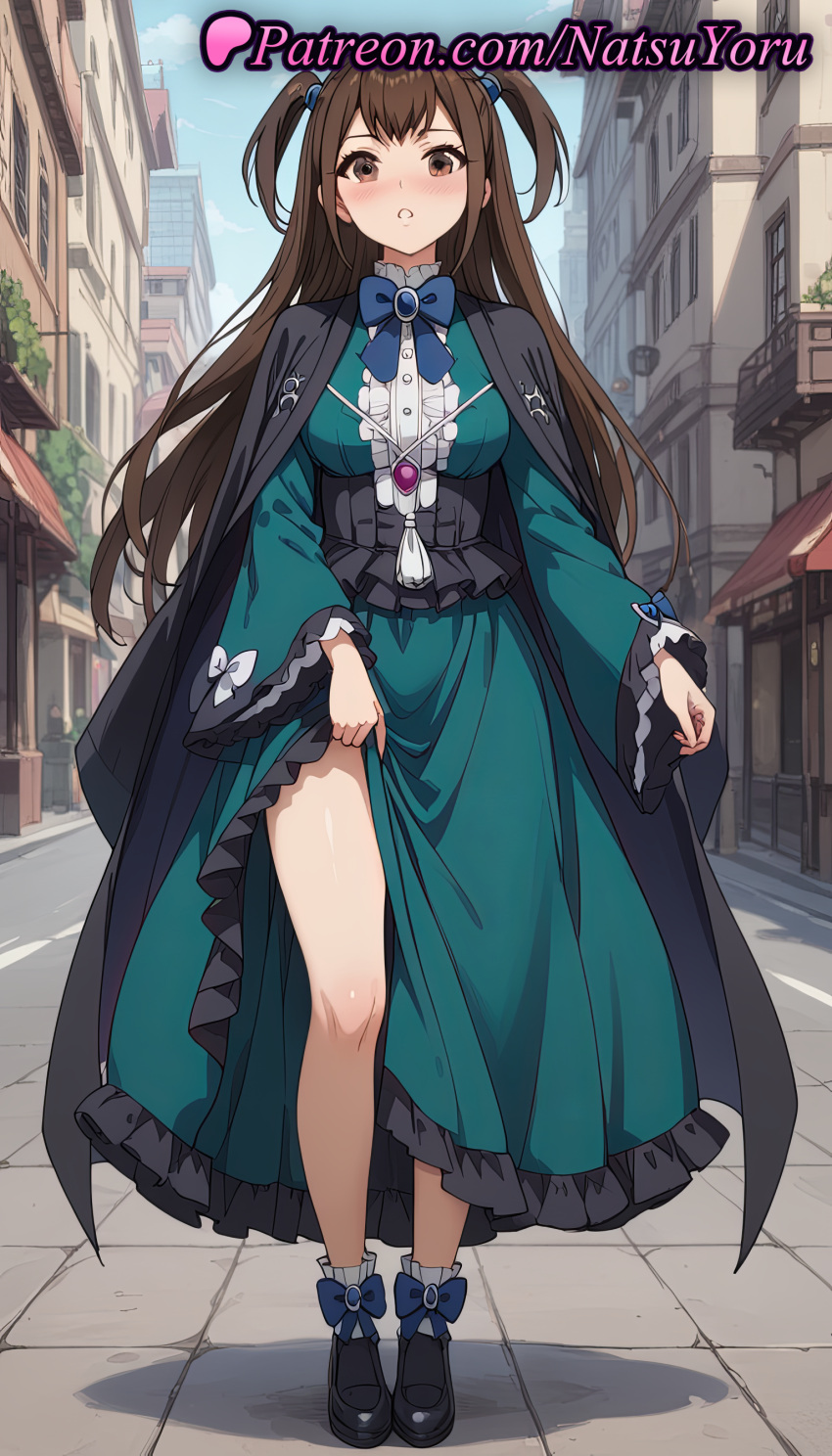 2025 ai_generated anime anime_style asian bangs big_breasts black_cape black_corset black_footwear blue_bow blue_bowtie blue_dress blue_sky blush bow bowtie breasts brooch brown_eyes brown_hair building bust cape center_frills city cloak clothes_lift coat corset day dress dress_lift female_focus footwear_bow frilled_dress frilled_sleeves frills full_body gem green_dress hair_ornament hentai high_quality high_res high_resolution jewelry kazayama_kizuna lifted_by_self long_hair long_sleeves looking_at_viewer medium_breasts natsuyoru outside parted_lips patreon ribbon road robe shoes skirt skirt_hold skirt_lift sky socks stable_diffusion standing street tate_no_yuusha_no_nariagari the_rising_of_the_shield_hero thighs twin_tails two_side_up underbust very_long_hair voluptuous voluptuous_female white_socks wide_sleeves