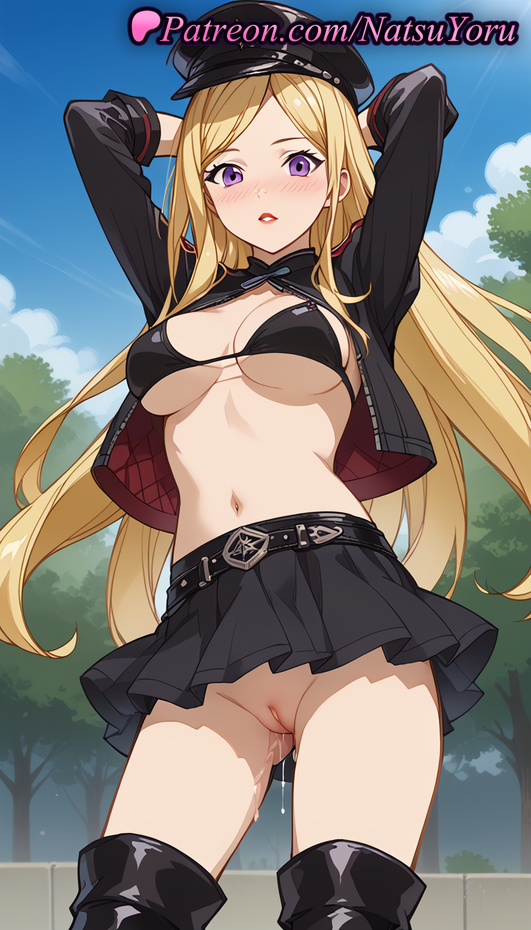 1girl 1girl 1girls 2025 ai ai_generated anime anime_style arms_behind_head arms_up ass_visible_through_thighs bangs belt big_breasts big_breasts bikini bikini_top bikini_top_only bishamon bishamon_(noragami) black_belt black_bikini black_footwear black_headwear black_jacket black_skirt black_thighhighs blonde_hair blue_sky blush boots breasts bust cleavage cleft_of_venus cloud cowboy_shot cropped_jacket day female_focus female_only female_solo hat hentai high_quality high_res high_res high_resolution jacket labia lipstick long_hair long_sleeves looking_at_viewer makeup medium_breasts microskirt miniskirt multicolored_jacket natsuyoru navel no_panties noragami open_clothes open_jacket outside parted_bangs parted_lips patreon peaked_cap pleated_skirt purple_eyes pussy pussy pussy_juice pussy_juice_trail red_lips shrug_(clothing) skirt sky solo_female stable_diffusion standing stockings stomach swimsuit thigh_high_boots thighs tree two-sided_fabric two-tone_jacket uncensored under_boob upskirt very_long_hair voluptuous voluptuous_female