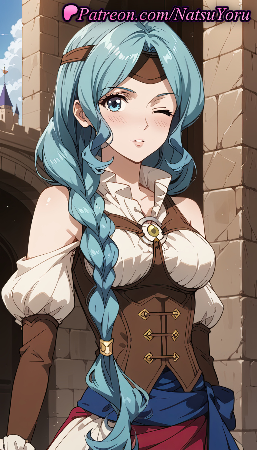 2025 ai_generated anime anime_style aqua_eyes aqua_hair bare_shoulders big_breasts blue_eyes blue_hair blue_sash blush braid braided_ponytail breasts bust circlet clothing_cutout cloud collarbone corset day detached_sleeves dress female_focus hair_over_shoulder headband hentai high_quality high_res high_resolution lips long_hair long_sleeves looking_at_viewer medium_breasts natsuyoru non-asian one_eye_closed outside parted_bangs parted_lips patreon puffy_sleeves red_skirt sash shirt shoulder_cutout single_braid sky smile stable_diffusion standing tate_no_yuusha_no_nariagari the_rising_of_the_shield_hero therese_alexanderite underbust upper_body very_long_hair voluptuous voluptuous_female