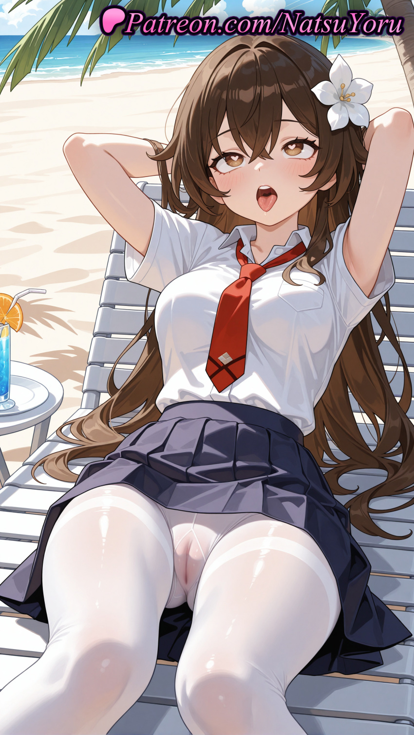 2025 ahegao ai_generated anime anime_style arms_behind_head arms_up asian bangs beach beach_chair big_breasts black_skirt blouse blue_skirt blush breast_pocket breasts brown_eyes brown_hair bust cameltoe chair clothing collared_shirt crossed_bangs cup day drink drinking_glass drinking_straw feet_out_of_frame female_focus female_solo flower food fruit gusset hair_between_eyes hair_flower hair_ornament heart heart-shaped_pupils hentai high_quality high_res high_resolution long_hair looking_at_viewer lying medium_breasts miniskirt natsuyoru neck_tie no_panties oc ocean on_back open_mouth original original_character outside palm_tree panties panties_under_pantyhose pantyhose patreon pleated_skirt pocket pussy reclining red_necktie sand school_uniform shirt shirt_tucked_in short_sleeves sitting skirt stable_diffusion symbol-shaped_pupils teeth thighband_pantyhose thighs tie tongue tongue_out tree tropical_drink underwear upper_teeth_only very_long_hair voluptuous voluptuous_female water white_flower white_legwear white_pantyhose white_shirt