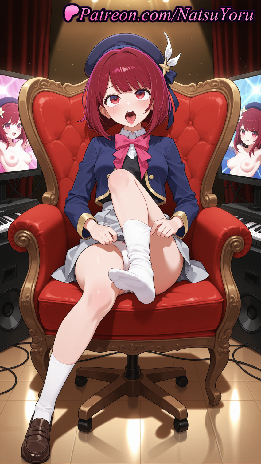 ahegao ai_generated anime anime_style arima_kana armchair asian bangs beret big_breasts black_hair black_vest blue_headwear blue_jacket blue_vest blush bob_cut bow bowtie breasts brown_footwear bust chair clothing collared_shirt cropped_jacket feet female_focus female_solo foot_fetish footwear full_body grey_skirt hat hat_feather hentai high_quality high_res high_resolution indoors instrument jacket keyboard_(computer) knee_up kneehighs leg_lift legs legwear lips loafers long_hair long_sleeves looking_at_viewer makeup medium_breasts medium_hair monitor natsuyoru nipples nipples_outside no_shoes on_chair open_clothes open_jacket open_mouth oshi_no_ko pale_skin panties pantyshot parted_lips patreon piano pink_bow pink_bowtie pleated_skirt red_eyes red_hair ribbon school_uniform shirt shoes short_hair single_shoe sitting skirt smile socks soles speaker spotlight stage teeth thighs tile_floor tiles toes tongue tongue_out underwear uniform upper_teeth_only vest voluptuous voluptuous_female white_panties white_shirt white_skirt white_socks youtou_high_school_uniform