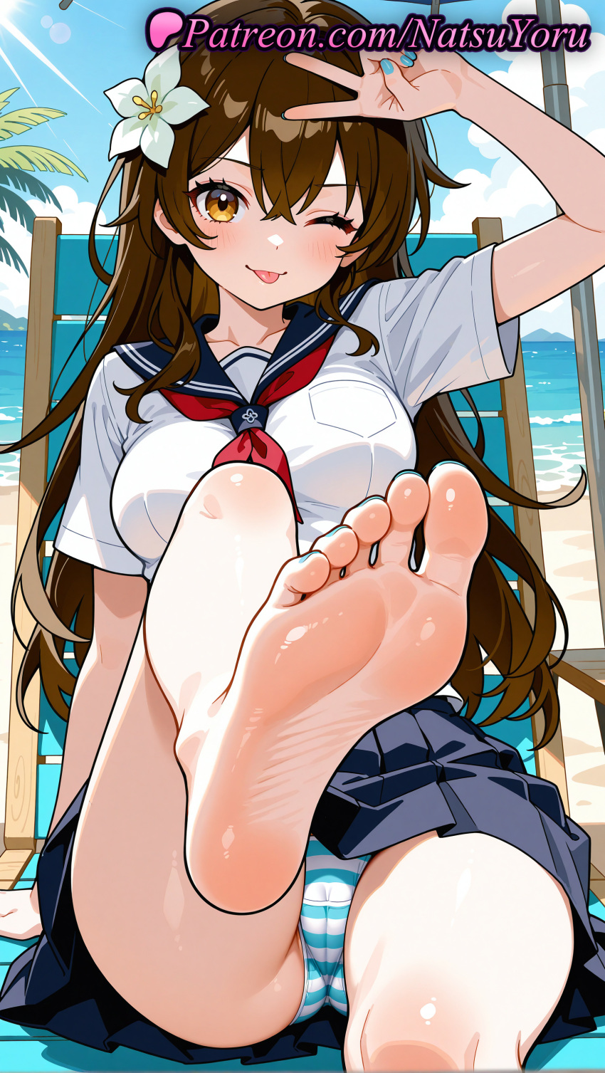 2025 ai_generated anime anime_style arm_up asian bangs bare_legs barefoot beach big_breasts blouse blue_nails blue_panties blue_sailor_collar blue_skirt blue_sky blush breasts brown_eyes brown_hair bust cameltoe crossed_bangs day feet female_focus female_solo fetish flower foot_fetish foot_focus foot_out_of_frame foot_up foreshortening hair_between_eyes hair_flower hair_ornament hentai high_quality high_res high_resolution leg_lift legs lipstick long_hair looking_at_viewer makeup medium_breasts nail_polish natsuyoru neckerchief oc ocean one_eye_closed original original_character outside panties patreon pleated_skirt pov_feet presenting_foot red_neckerchief sailor_collar sailor_uniform school_uniform serafuku shirt short_sleeves sitting skirt sky smile soles stable_diffusion striped striped_clothes striped_panties thighs toenail_polish toenails toes tongue tongue_out underwear v voluptuous voluptuous_female water white_flower white_shirt