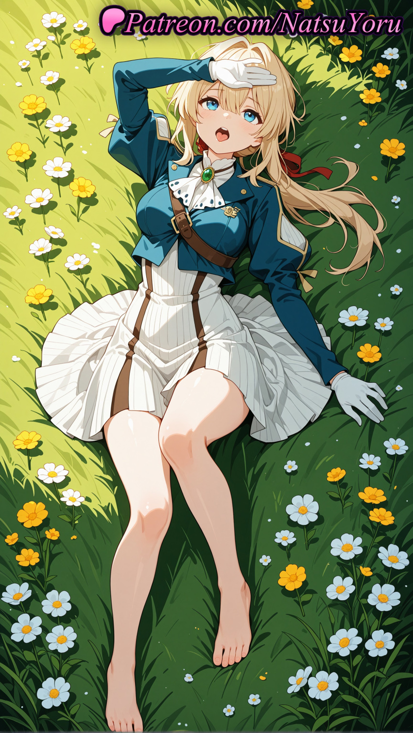 1girl 1girl 1girls 2025 ai ai_assisted ai_generated anime anime_style arm_up ascot asian bangs bare_legs barefoot big_breasts blonde_hair blue_eyes blue_jacket blush bolo_tie bow braid breasts brooch bust character_name collar cropped_jacket daisy dress feet female_focus female_only field flower flower_field flowers foot_fetish from_above full_body gem gloves grass green_gemstone hair_between_eyes hair_intakes hair_ribbon hair_ribbons hand_on_forehead hand_on_own_forehead hand_on_own_head hand_up hentai high_quality high_res high_res high_resolution jacket jewelry juliet_sleeves knee_up knees_together_feet_apart lapel_pin lapels legs long_hair long_sleeves looking_at_viewer looking_up lying medium_breasts natsuyoru notched_lapels on_back on_grass on_ground open_mouth orange_flower outside patreon ponytail puffy_sleeves red_ribbon ribbon shading_eyes short_dress sitting skirt solo_female stable_diffusion teeth thighs toenails toes tongue upper_teeth_only violet_evergarden violet_evergarden_(character) voluptuous voluptuous_female white_ascot white_dress white_flower white_gloves white_skirt yellow_flower