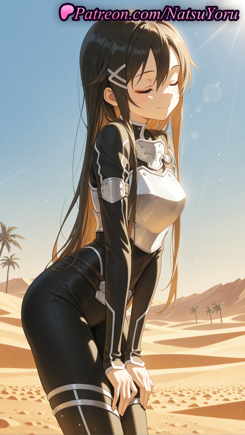 1girl 1girl 1girls 2025 ai ai_assisted ai_generated anime anime_style armor asian bangs beach big_breasts black_bodysuit black_hair black_pants blue_sky blush bodysuit breastplate breasts brown_hair bust closed_eyes closed_eyes closed_mouth cowboy_shot day desert female_focus female_only female_solo gun_gale_online hair_between_eyes hair_ornament hairclip hentai high_quality high_res high_res high_resolution kirigaya_kazuto kirito kirito_(sao-ggo) leaning_forward lens_flare long_hair long_sleeves medium_breasts multicolored_hair natsuyoru outside palm_tree patreon sand sidelocks sky smile solo_female stable_diffusion standing sunlight sword_art_online tree very_long_hair voluptuous voluptuous_female x_hair_ornament