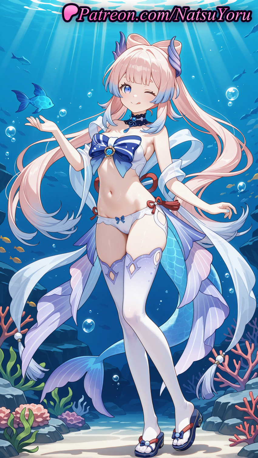 2025 adapted_costume ai_generated air_bubble anime anime_style asian bangs bare_arms bare_shoulders big_breasts bikini blue_bow blue_choker blue_eyes blue_gemstone blue_hair blush bow bow-shaped_hair bowtie bra breasts bubble bust choker cleavage closed_mouth colored_tips coral detached_collar female_focus fins fish flip-flops frilled_choker frills full_body genshin_impact gradient_hair hair_ornament hand_up hentai high_quality high_res high_resolution light_rays long_hair looking_at_viewer medium_breasts midriff multicolored_hair natsuyoru navel one_eye_closed panties patreon pink_hair purple_eyes sandals sangonomiya_kokomi sidelocks smile stable_diffusion standing stockings stomach strapless_bikini sunlight swimsuit tail thighs tongue tongue_out twin_tails two-tone_hair underwater underwear very_long_hair vision_(genshin_impact) voluptuous voluptuous_female water white_bikini white_bra white_panties white_thighhighs zouri
