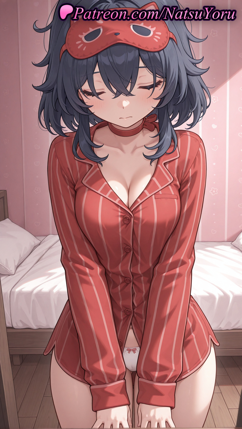 2025 ahoge ai_generated anime anime_style asian ass_visible_through_thighs bangs bed bedroom big_breasts black_hair blue_hair blush bow bow_panties breasts bust choker cleavage closed_eyes closed_mouth clothing collarbone cowboy_shot crossed_bangs east_asian eye_mask facing_viewer female_focus female_solo hair_between_eyes hentai high_quality high_res high_resolution indoors long_sleeves mask mask_on_head medium_breasts medium_hair messy_hair miside mita_(miside) natsuyoru no_pants pajamas panties patreon pillow red_choker red_shirt shirt short_hair sleep_mask sleepy_mita_(miside) stable_diffusion standing striped striped_clothes striped_shirt thigh_gap thighs underwear vertical-striped_shirt vertical_stripes voluptuous voluptuous_female white_panties wooden_floor