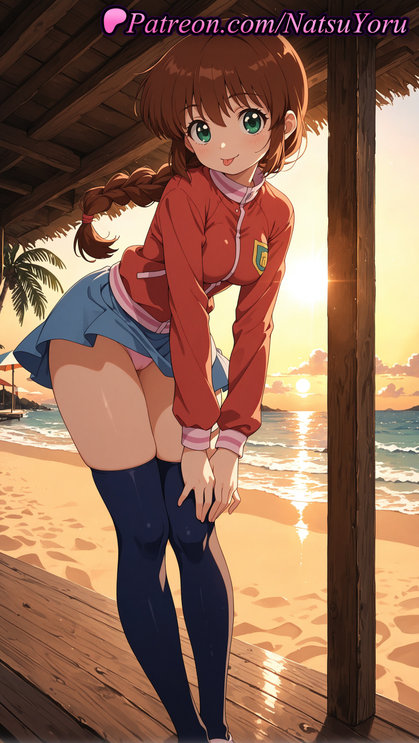 2025 ai_assisted ai_generated anime anime_style bangs beach beach_chair beach_umbrella big_breasts black_thighhighs blue_skirt blush braid braided_ponytail breasts brown_hair bust cloud feet_out_of_frame female_focus female_solo gakkou_no_kaidan gakkou_no_kaidan_(anime) ghost_stories green_eyes hands_on_own_knees hentai high_quality high_res high_resolution horizon jacket leaning_forward long_hair long_sleeves looking_at_viewer medium_breasts miniskirt miyanoshita_satsuki natsuyoru ocean orange_sky outside palm_tree panties pantyshot patreon pink_panties pleated_skirt red_hair red_jacket sand satsuki_miyanoshita shirt shoes shore single_braid skindentation skirt sky smile sneakers stable_diffusion standing stockings sun sunset thighs tongue tongue_out track_jacket tree underwear upskirt voluptuous voluptuous_female water wind_lift yellow_sky