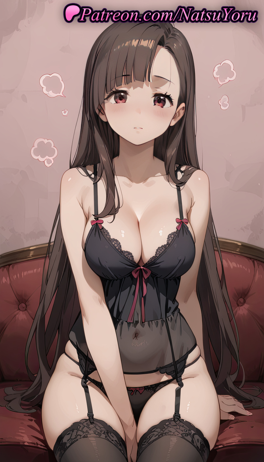 2025 ai_generated anime anime_style arm_behind_back arm_support asian asymmetrical_bangs babydoll bangs bare_arms bare_shoulders between_legs big_breasts black_camisole black_garter_belt black_hair black_panties black_thighhighs blunt_bangs blush bow bow_panties breasts brown_hair bust camisole cleavage closed_mouth collarbone couch covered_navel female_focus female_solo garter_belt garter_straps hand_between_legs hentai high_quality high_res high_resolution kono_subarashii_sekai_ni_shukufuku_wo! lace-trimmed_legwear lace_trim lingerie long_hair looking_at_viewer natsuyoru navel on_couch panties parted_lips patreon red_eyes see-through sitting skindentation spaghetti_strap stable_diffusion stockings straight_hair string_panties thighs underwear underwear_only very_long_hair voluptuous voluptuous_female yuiyui_(konosuba)