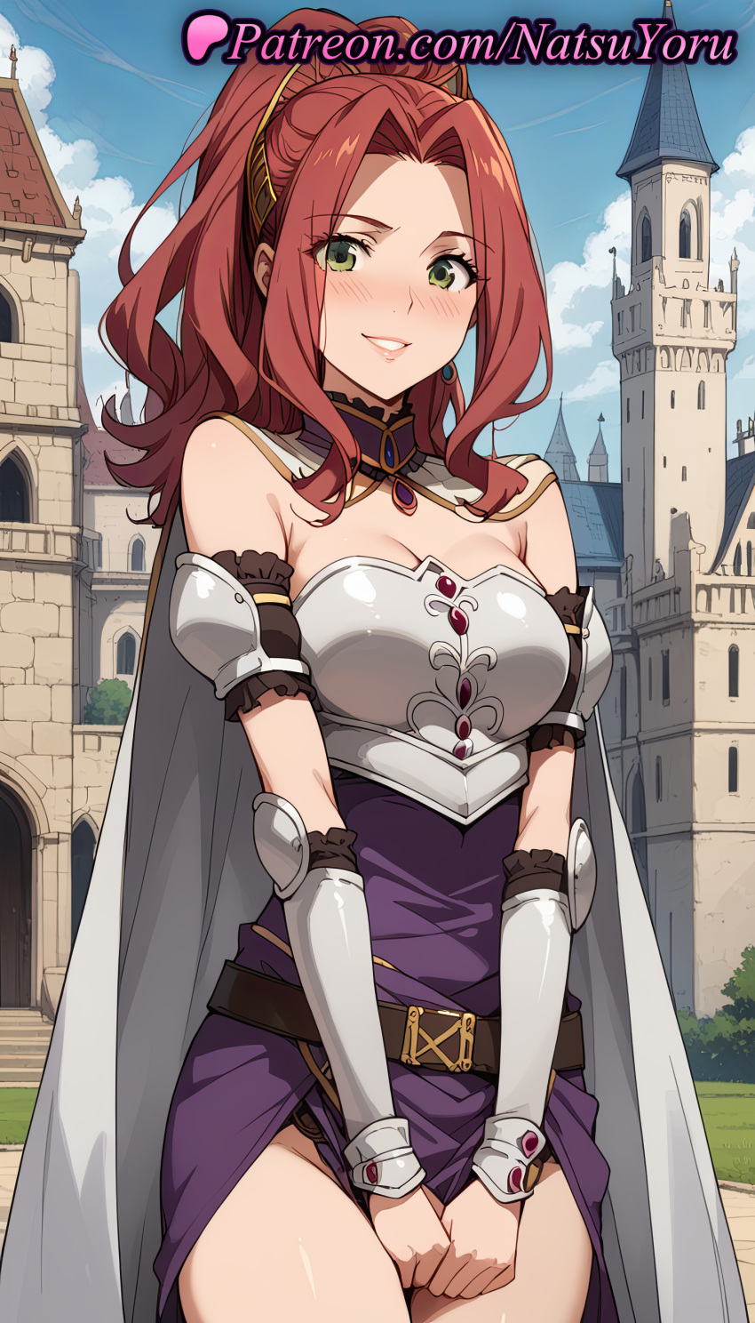 2025 ai_generated anime anime_style armor bangs bare_shoulders belt big_breasts bitch_(shield_hero) black_panties blue_sky blush breastplate breasts bust cape castle cleavage clothes_lift cloud covering covering_crotch covering_pussy cowboy_shot day detached_sleeves dress dress_tug female_focus gauntlets green_eyes grin hentai high_ponytail high_quality high_res high_resolution jewelry long_hair looking_at_viewer malty_s_melromarc medium_breasts natsuyoru no_panties outside parted_bangs parted_lips patreon ponytail purple_dress purple_skirt red_hair skirt skirt_lift sky smile stable_diffusion tate_no_yuusha_no_nariagari teeth the_rising_of_the_shield_hero thighs underwear voluptuous voluptuous_female white_cape