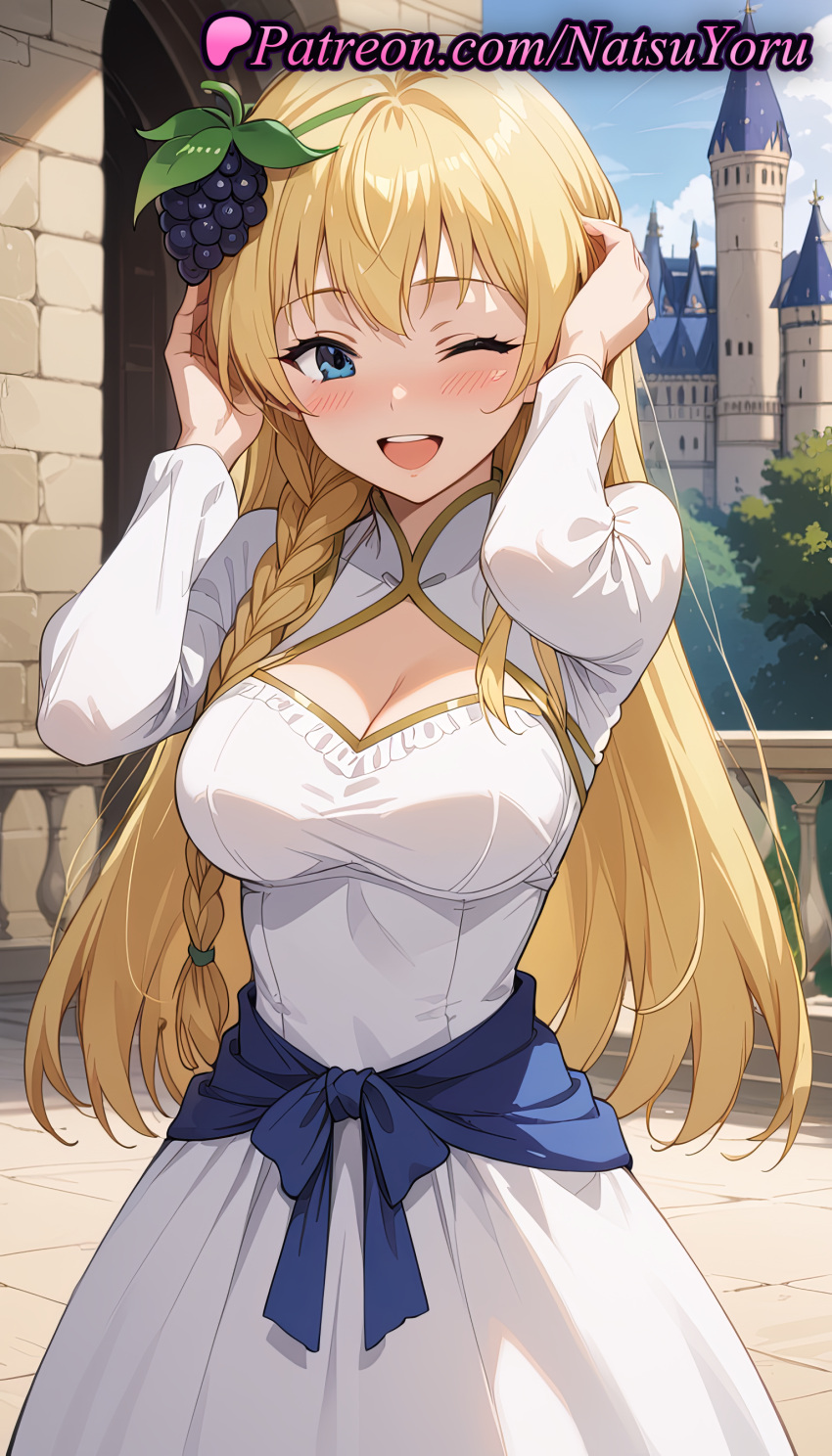 2025 ;d ai_generated anime anime_style asian bangs big_breasts blonde_hair blue_eyes blush braid breasts bust castle cleavage cleavage_cutout clothing clothing_cutout day dress female_focus food food-themed_hair_ornament fruit grapes hair_ornament hairband hentai high_quality high_res high_resolution iris_(konosuba) kono_subarashii_sekai_ni_shukufuku_wo! long_hair long_sleeves looking_at_viewer natsuyoru one_eye_closed open_mouth outside patreon sash shrug_(clothing) single_braid sky smile stable_diffusion teeth upper_teeth_only voluptuous voluptuous_female white_dress