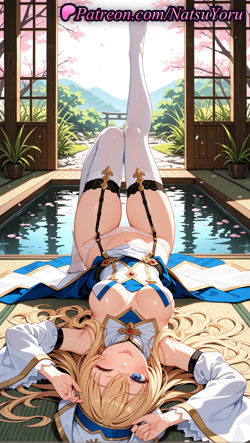 1girl 1girl 1girls 2025 ai ai_assisted ai_generated anime anime_style armpit armpits arms_up artist_name asian bangs bare_shoulders big_breasts big_breasts blonde_hair blue_eyes blush breasts breasts_apart bust cleavage clothing detached_collar detached_sleeves dress female_focus female_only garter_belt garter_straps goblin_slayer hair_spread_out hat hentai high_quality high_res high_res high_resolution indoors knee_up leg_lift legs_up long_hair long_sleeves looking_at_viewer lying medium_breasts natsuyoru navel no_shoes nun on_back one_eye_closed panties panties patreon pelvic_curtain petals plant pond pool potted_plant priestess_(goblin_slayer) revealing_clothes skindentation smile solo_female stable_diffusion stockings stomach string_panties thigh_gap thighs tongue tongue_out underwear upside-down voluptuous voluptuous_female water white_dress white_headwear white_panties white_thighhighs wide_sleeves
