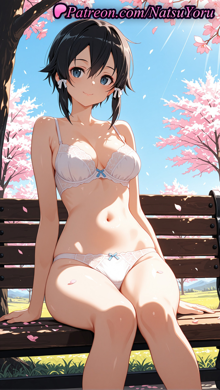 1girl 1girl 1girls 2025 ai ai_assisted ai_generated anime anime_style asada_shino bangs bare_arms bare_shoulders bench big_breasts black_hair blue_eyes blue_sky blush bow bow_bra bow_panties bra breasts bust cherry_blossoms cleavage closed_mouth collarbone day falling_petals feet_out_of_frame female_focus female_only grass hair_between_eyes hair_bow hair_ribbon hentai high_quality high_res high_res high_resolution lingerie lips looking_at_viewer medium_breasts natsuyoru navel on_bench outside panties panties park_bench patreon petals ribbon short_hair short_hair_with_long_locks sidelocks sinon sitting sitting_on_bench sky smile soaking_feet solo_female stable_diffusion stomach sunlight sword_art_online sword_art_online_alicization thighs tree underwear underwear_only voluptuous voluptuous_female white_bow white_bra white_panties white_ribbon