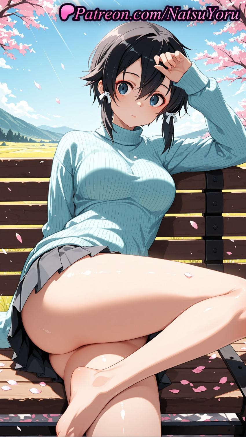 1girl 1girl 1girls 2025 ai ai_assisted ai_generated anime anime_style arm_up artist_name asada_shino asian ass ass bangs bare_legs barefoot bench big_breasts big_breasts black_hair black_skirt blue_eyes blue_sky blue_sweater blush bow breasts bust cherry_blossoms closed_mouth cloud day east_asian falling_petals feet female_focus female_only foot_fetish foot_out_of_frame grey_skirt hair_between_eyes hair_bow hair_ribbon hentai high_quality high_res high_res high_resolution juicy_butt legs long_sleeves looking_at_viewer medium_breasts miniskirt natsuyoru no_panties on_bench outside park_bench patreon petals pleated_skirt ribbed_sweater ribbon shiny shiny_hair shiny_skin short_hair short_hair_with_long_locks sidelocks sinon sitting skirt sky sleeves_past_wrists solo_female stable_diffusion sunlight sweater sword_art_online sword_art_online_alicization thighs toenails toes tree turtleneck turtleneck_sweater voluptuous voluptuous_female white_bow white_ribbon