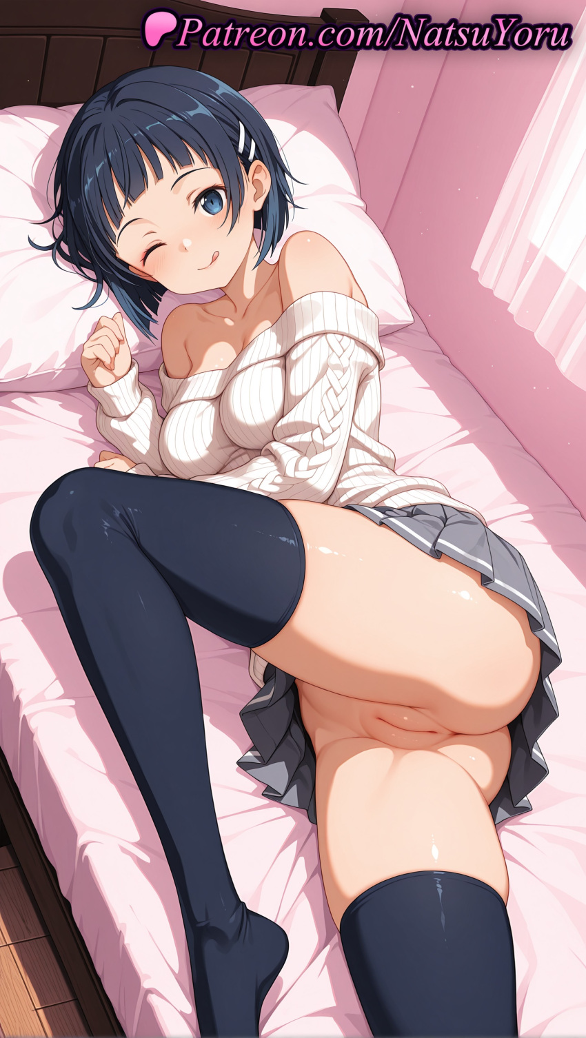 1girl 1girls 2025 ai ai_assisted ai_generated anime anime_style anus anus artist_name ass bangs bare_shoulders bed bed_sheet bedroom big_breasts big_breasts black_hair black_thighhighs blue_eyes blue_hair blunt_bangs blush breasts bust cleavage cleft_of_venus closed_mouth collarbone curtains fat_mons female_focus female_only grey_skirt hair_clips hair_ornament hairclip hentai high_quality high_res high_res high_resolution indoors juicy_butt knee_up labia labia_majora leg_lift legs long_sleeves looking_at_viewer lying medium_breasts miniskirt natsuyoru no_panties no_shoes nopan off-shoulder_sweater off_shoulder on_bed on_side one_eye_closed paipan patreon pillow pleated_skirt pussy pussy ribbed_sweater sachi_(sao) shiny_skin short_hair skindentation skirt smile solo_female stable_diffusion stockings sweater sword_art_online thighs tongue tongue_out uncensored upskirt voluptuous voluptuous_female white_sweater wooden_floor