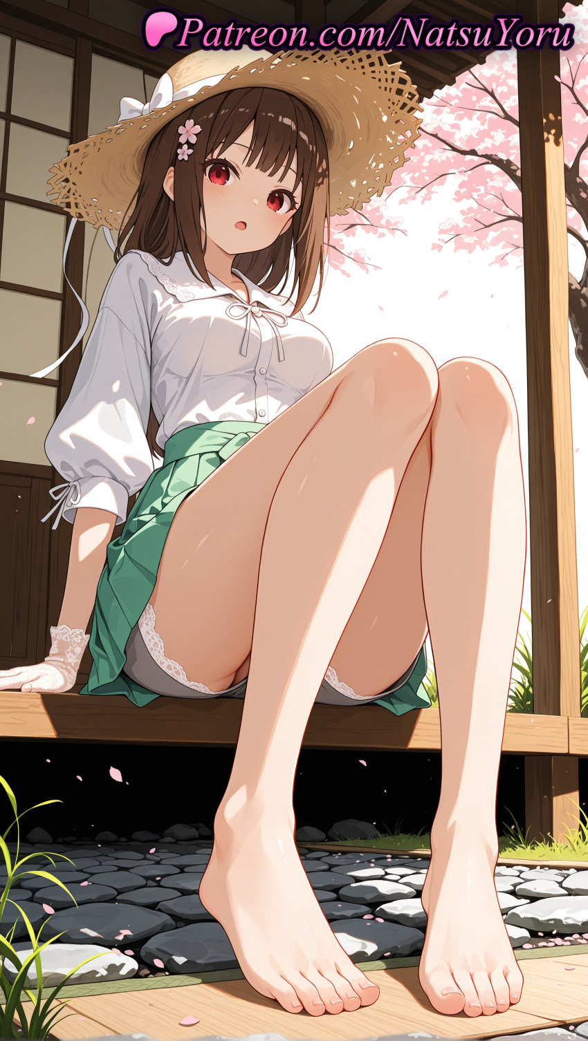 1girl 1girls 2025 ai ai_assisted ai_generated anime anime_style arm_support asian bangs bare_legs barefoot big_breasts blouse blunt_bangs blush bow breasts brown_hair brown_headwear bust cherry_blossoms collared_shirt eyelashes falling_petals feet female_focus female_only flower foot_fetish foreshortening full_body gloves green_skirt grey_shorts hair_flower hair_ornament hairclip hat hat_bow hentai high_quality high_res high_res high_resolution iino_miko kaguya-sama_wa_kokurasetai_~tensai-tachi_no_renai_zunousen~ knees_together_feet_apart knees_up lace_trim legs long_hair long_sleeves looking_at_viewer medium_breasts medium_hair natsuyoru open_mouth outside patreon petals pink_flower pleated_skirt porch puffy_sleeves red_eyes ribbon shirt short_hair short_shorts shorts shorts_under_skirt shouji sidelocks sitting skirt sliding_doors solo_female stable_diffusion straw_hat sun_hat thighs toenails toes tree underwear upshorts veranda voluptuous voluptuous_female white_bow white_gloves white_ribbon white_shirt