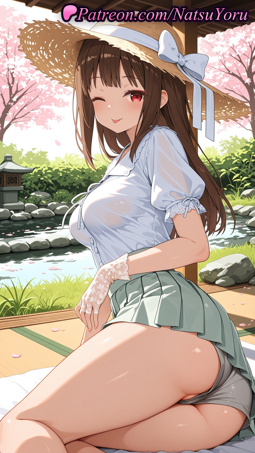 1girl 1girl 1girls 2025 ai ai_assisted ai_generated anime anime_style asian ass ass bangs big_breasts big_breasts blush bow breasts brown_hair brown_headwear bust cherry_blossoms collared_shirt day female_focus female_only fingerless_gloves gloves grass green_skirt grey_panties hat hat_bow hat_ribbon hentai high_quality high_res high_res high_resolution iino_miko juicy_butt kaguya-sama_wa_kokurasetai_~tensai-tachi_no_renai_zunousen~ lace lace_trim legs long_hair looking_at_viewer medium_breasts miniskirt natsuyoru on_side one_eye_closed outside panties panties partially_visible_vulva patreon petals pleated_skirt pond puffy_short_sleeves puffy_sleeves red_eyes ribbon rock see-through shirt shirt_tucked_in short_sleeves shorts sitting skirt smile solo_female stable_diffusion straw_hat sun_hat tatami thighs tongue tongue_out tree underwear voluptuous voluptuous_female water wet wet_clothes white_bow white_panties white_ribbon white_shirt yokozuwari