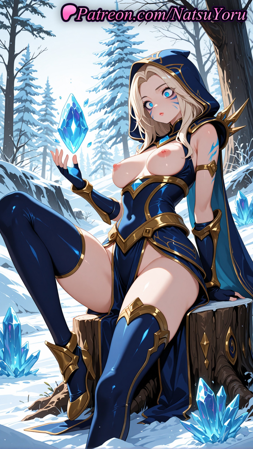 1girl 1girl 1girls 2025 ai ai_assisted ai_generated anime anime_style arm_support armlet armor ashe_(league_of_legends) bare_shoulders bare_tree big_breasts big_breasts blonde_hair blue_cape blue_dress blue_eyes blue_gloves blue_thighhighs boots breastless_clothes breasts breasts_out bust cape covered_navel crystal dress facepaint facial_mark female_focus female_only female_solo fingerless_gloves forest gem gloves gold_trim hentai high_heels high_quality high_res high_res high_resolution hood hood_up ice knee_up league_of_legends league_of_legends:_wild_rift long_hair looking_at_viewer looking_down makeup medium_breasts natsuyoru nature nipples nipples_outside no_panties non-asian outside parted_bangs patreon pelvic_curtain pine_tree riot_games shoes sitting snow snowing solo_female stable_diffusion stockings tattoo thighs tree tree_stump uncensored_nipples voluptuous voluptuous_female winter
