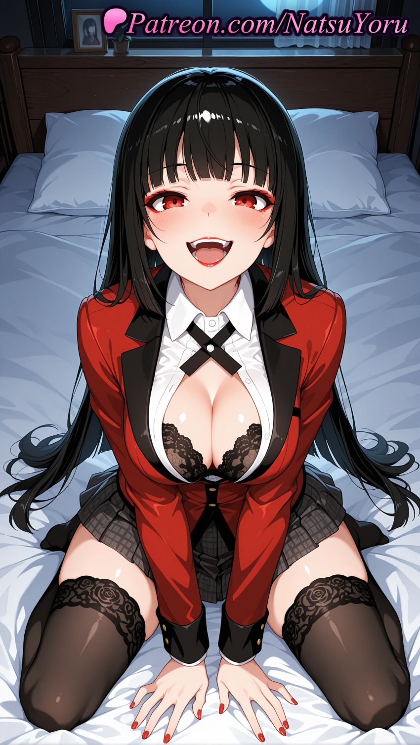 1girl 1girls 2025 ai ai_assisted ai_generated anime anime_style bangs bed bed_sheet between_legs big_breasts black_bra black_hair black_legwear black_skirt black_thighhighs blazer blunt_bangs blush bra bra_peek breasts bust cleavage collared_shirt female_focus female_only female_solo hentai high_quality high_res high_resolution hime_cut indoors jabami_yumeko jacket kakegurui lace lace-trimmed_bra lace-trimmed_legwear lace_trim lipstick long_hair long_sleeves looking_at_viewer makeup miniskirt moon nail_polish natsuyoru night no_shoes non-asian on_bed open_clothes open_mouth open_shirt partially_unbuttoned patreon pillow plaid plaid_skirt pleated_skirt red_eyes red_jacket red_nails school_uniform seiza shirt sitting skirt smile solo_female stable_diffusion stockings teeth tongue underwear upper_teeth_only very_long_hair voluptuous voluptuous_female wariza white_shirt