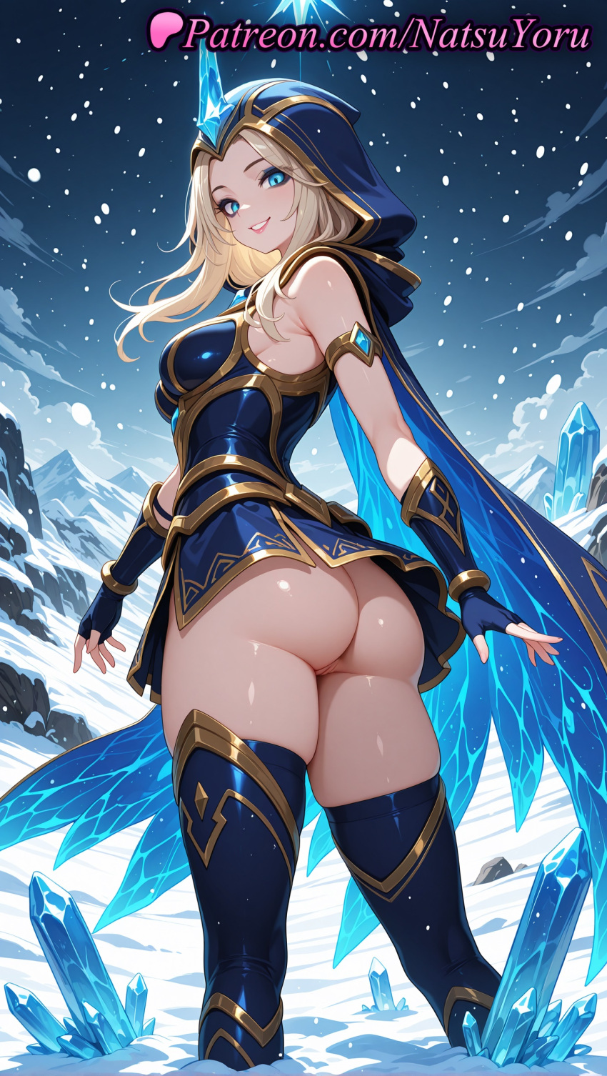 1girl 1girl 1girls 2025 ai ai_assisted ai_generated anime anime_style armlet armor ashe_(league_of_legends) ass ass bangs bare_shoulders big_breasts big_breasts black_thighhighs blonde_hair blue_cape blue_dress blue_eyes blue_gloves blue_thighhighs blush breasts bust cape crystal dress female_focus female_only fingerless_gloves from_behind gem gloves gold_trim grin hentai high_quality high_res high_res high_resolution hood hood_up ice jewelry juicy_butt large_ass league_of_legends league_of_legends:_wild_rift legs leotard lips long_hair looking_at_viewer looking_back medium_breasts medium_hair natsuyoru night no_panties non-asian outside parted_lips patreon pussy pussy riot_games short_dress skindentation sky smile snow snowing solo_female stable_diffusion standing stockings thighs voluptuous voluptuous_female