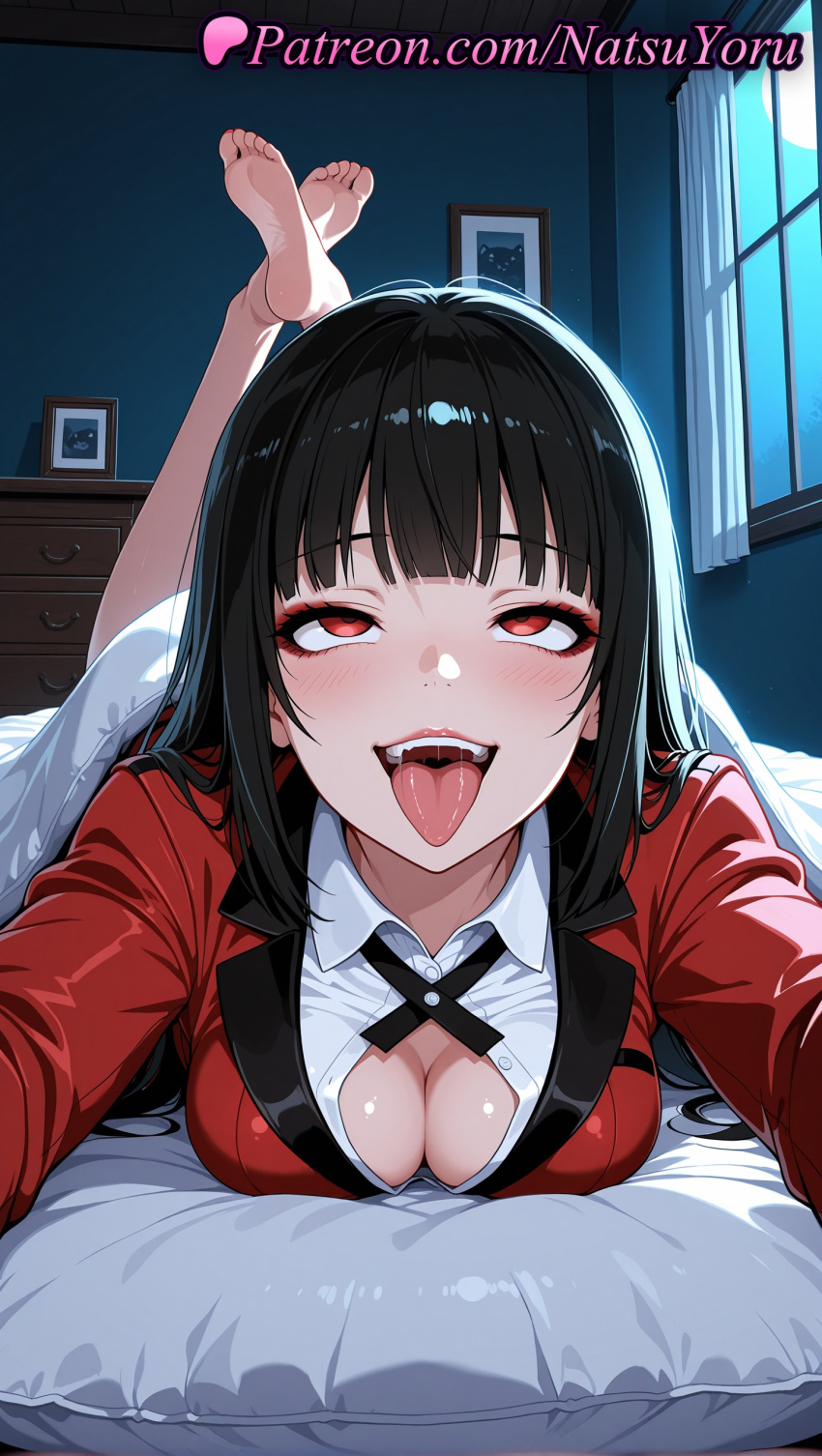 1girl 1girls 2025 ahegao ai ai_assisted ai_generated anime anime_style bangs barefoot bed bed_sheet bedroom big_breasts black_hair blanket blazer blouse blunt_bangs blush breasts bust caucasian cleavage collared_shirt crossed_legs feet feet_up female_focus female_only female_solo foot_fetish foreshortening full_moon hentai high_quality high_res high_resolution hime_cut indoors jabami_yumeko jacket kakegurui long_hair looking_at_viewer lying makeup medium_breasts moon natsuyoru night non-asian on_bed on_stomach open_mouth patreon pillow red_eyes red_jacket rolling_eyes saliva school_uniform shirt smile soles solo_female stable_diffusion teeth the_pose toes tongue tongue_out under_covers upper_teeth_only voluptuous voluptuous_female white_shirt window