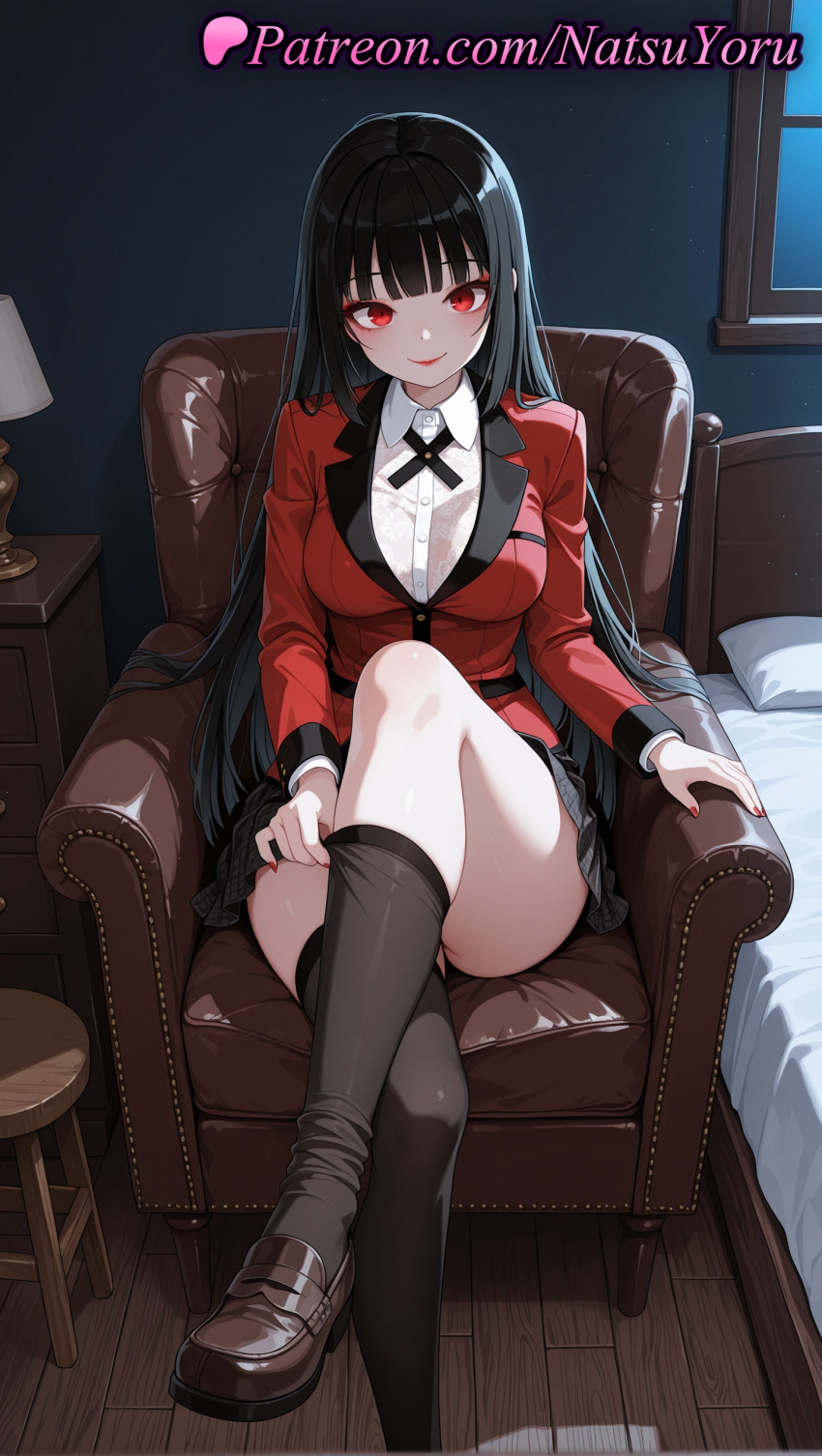 1girl 1girls 2025 adjusting_legwear ai ai_assisted ai_generated anime anime_style armchair bangs bed big_breasts black_hair black_legwear black_ribbon black_skirt black_thighhighs blazer blouse blunt_bangs blush breasts brown_footwear bust chair collared_shirt crossed_legs female_focus female_only female_solo foot_out_of_frame hentai high_quality high_res high_resolution hime_cut indoors jabami_yumeko jacket kakegurui kneehighs lamp legs legwear lipstick loafers long_hair long_nails long_sleeves looking_at_viewer makeup miniskirt nail_polish natsuyoru night non-asian on_chair pantyhose patreon pillow pleated_skirt red_eyes red_jacket red_nails ribbon ring school_uniform shirt shoes sitting skirt smile solo_female stable_diffusion stockings thighhighs_pull thighs very_long_hair voluptuous voluptuous_female white_shirt window wooden_floor